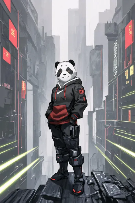 (a (cyborg:0.7) chinese giant (panda:1.1) male (furry:1.2) is standing solo with his hands in pockets, He has mechanical boots, legs and arms, He is wearing a red hoodie with both proud and serious on his face, His eye is black and shine. He is looking afar from rooftop, and city below:1.1), BREAK, cute, realistic, illustration, painting, cyberpunk, science fiction, night,
