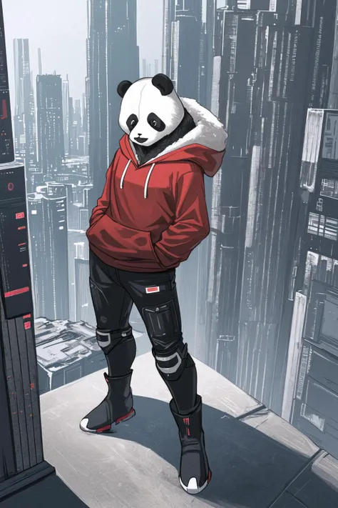 (a (cyborg:0.7) chinese giant (panda:1.1) male (furry:1.2) is standing solo with his hands in pockets, He has mechanical boots, legs and arms, He is wearing a red hoodie with both proud and serious on his face, His eye is black and shine. He is looking afar from rooftop, and city below:1.1), BREAK, realistic, illustration, painting, cyberpunk, science fiction, night
