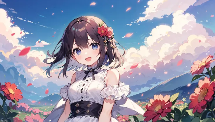 (masterpiece,best quality:1.5), 1girl, solo, scenary, flowers, petals, sky, clouds, :d