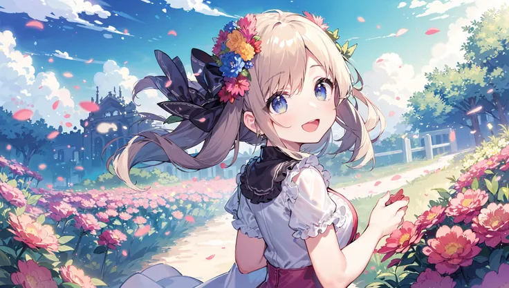 (masterpiece,best quality:1.5), 1girl, solo, scenary, flowers, petals, sky, clouds, :d