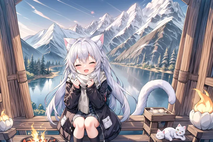 masterpiece, best quality, 1girl, white hair, medium hair, cat ears, closed eyes, looking at viewer, :d, cute, scarf, jacket, outdoors, mountain, mountainous horizon, bamboo forest, river, lake, tent, campfire, <lora:more_details:0.3>, <lora:torino_aqua_offset:0.6>, <lora:wowifierV3:0.5> ,
