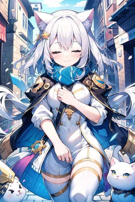 masterpiece, best quality, 1girl, white hair, medium hair, cat ears, closed eyes, looking at viewer, :3, cute, scarf, jacket, outdoors, streets,