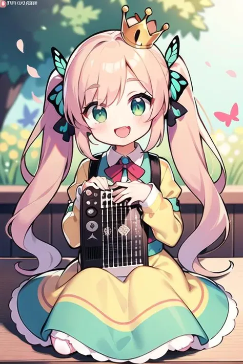 ((best quality)),((world masterpiece)),((illustration)),beautiful detailed,colourful,extremely detailed 8K wallpaper,finely detailed,dramatic light,intricate details, ((ultra-detailed)),
1girl, :d, accordion, bangs, blue_butterfly, blunt_bangs, blurry, blurry_foreground, bug, butterfly, butterfly_on_head, crown, cup, day, dress, drinking_glass, eyebrows_visible_through_hair, flower, green_dress, green_eyes, head_tilt, instrument, light_particles, light_rays, long_hair, looking_at_viewer, low_twintails, mini_crown, music, open_mouth, outdoors, petals, pinafore_dress, pink_hair, plate, playing_instrument, shiny, shiny_hair, shirt, sitting, sleeves_past_elbows, smile, solo, streamers, sunbeam, sunlight, table, twintails, yellow_shirt