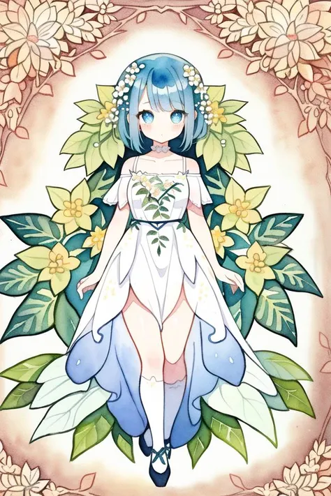 watercolor, masterpiece, best quality, extremely detailed, 1girl, full body, beautiful detailed eyes, cute anime face, full body, beautiful detailed face, blue hair, (Botanical illustration:1.5), white dress