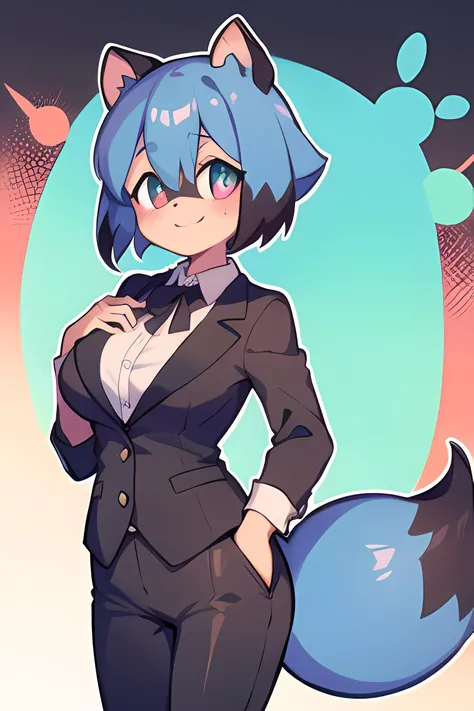 <lora:MichiruKagemoriBrandNewAnimal3:1>, Michiru Kagemori (Brand New Animal), tail, big breasts, smile, black elegant suit, white shirt, black pants, black tie