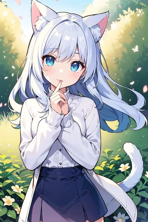 original, (masterpiece), (illustration), (extremely fine and beautiful), perfect detailed, photorealistic, (beautiful and clear background:1.25), (depth of field:0.7), (1 cute girl with (cat ear and cat tail:1.2) stands in the garden:1.1), (cute:1.35), (detailed beautiful eyes:1.3), (beautiful face:1.3), casual, silver hair, silver ear, (blue hair:0.8), (blue ear:0.8), long hair, coat, short skirt, hair blowing with the wind, (blue eye:1.2), flowers, ( girl:0.65), butterflys flying around