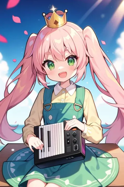 ((best quality)),((world masterpiece)),((illustration)),beautiful detailed,colourful,extremely detailed 8K wallpaper,finely detailed,dramatic light,intricate details, ((ultra-detailed)),
1girl, :d, accordion, bangs, blue_butterfly, blunt_bangs, blurry, blurry_foreground, bug, butterfly, butterfly_on_head, crown, cup, day, dress, drinking_glass, eyebrows_visible_through_hair, flower, green_dress, green_eyes, head_tilt, instrument, light_particles, light_rays, long_hair, looking_at_viewer, low_twintails, mini_crown, music, open_mouth, outdoors, petals, pinafore_dress, pink_hair, plate, playing_instrument, shiny, shiny_hair, shirt, sitting, sleeves_past_elbows, smile, solo, streamers, sunbeam, sunlight, table, twintails, yellow_shirt
