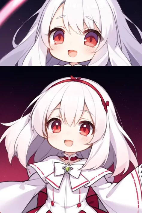 beautiful illustration, best quality, cute petit girl, (transform sequence), transform magical girl, chibi, white magical girl, fractal art, albino, babyface, long pure white and red mesh hair, beautiful detailed red eyes, cinematic lighting, cowboy shot, looking at viewer, from bottom, happy