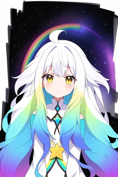 1gril,clear face,High definition,(white background:1.2),paint effect, long hair girl with white mixed with rainbow color flowing hair and starry color clothes,Beautiful hair,white hrie,rainbow hair