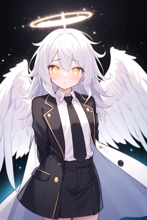 (masterpiece, best quality:1.3), (ultra-detailed:1.3), 1girl, solo, (white hair, messy hair, long hair), (angel wings, angel halo), flat chest, yellow eyes, (white shirt, black necktie, black coat, open coat), cowboy shot, cinematic lighting, (((glowing light particles))), (arms behind back), dynamic angle,