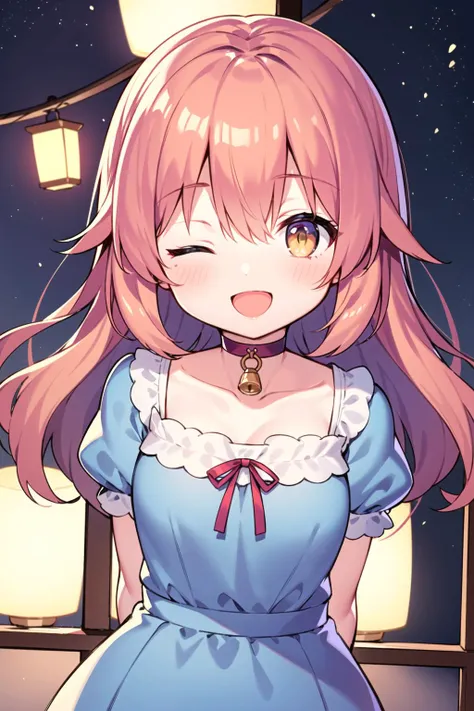 1girl, ;d, blue dress,lurry background, choker, cloud, collarbone, dekalco, depth of field,hair between eyes, long hair, looking at viewer, one eye closed, open mouth, outdoors, puffy short sleeves, puffy sleeves, red bag, ribbon-trimmed choker, short sleeves, sky, smile, soft serve, solo, upper body, yellow eyes, red hair,night, arms behind back, lantern,