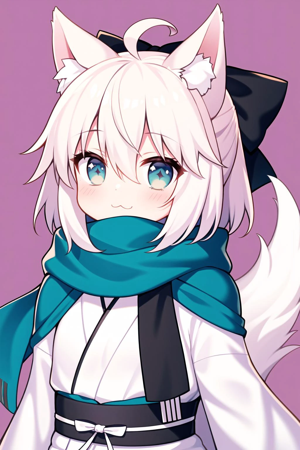 okita souji (fate), okita souji (koha-ace), 1girl, animal ears, :3, tail, chibi, bow, ahoge, black scarf, black bow, hair bow, japanese clothes, solo, scarf, hair between eyes, bangs