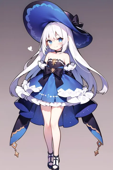 chartotori, 1girl, blue sleeves, solo, detached sleeves, full body, smile, skirt, looking at viewer, dress, bare shoulders, bare legs, Beautiful Detailed eyes, blush, standing, collarbone, strapless, hat, shoes, legs, frills, flat chest, short dress, bow, long sleeves, arms at sides, beautiful background,