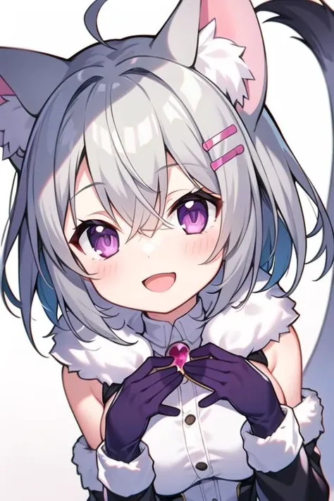 mayoi shigure, 1girl, breasts, looking at viewer, blush, smile, short hair, open mouth, bangs, hair ornament, animal ears, hair between eyes, medium breasts, purple eyes, hairclip, pink eyes, crossed bangs, light green hair, weasel ears, gloves, fur trim, gray jacket, gray headwear, animal tail