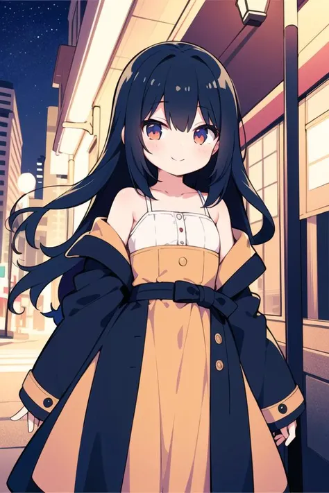 (masterpiece, ultra high res, best quality:1.1), (flat color), 1girl, solo, teen, cowboy shot, (depth of field:1.2), (night), (long coat), downtown, (street light:1.1), (Fantastic lighting), looking at viewer, black hair, long hair, [smile], (Closed mouth)