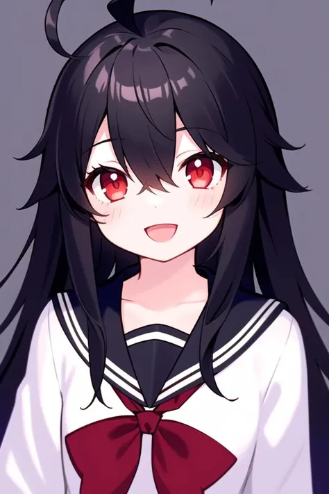 detailed,best quality,masterpiece,illustration,wallpaper,,1girl,solo,upper bodywhite bow,:d,smile,eyeliner,long hair, black hair,(ahoge:1.2),bangs,hair between eyes,gray inner hair,
red eyes,looking at viewer,black sailor collar,black serafuku,long sleeves,dimly lit