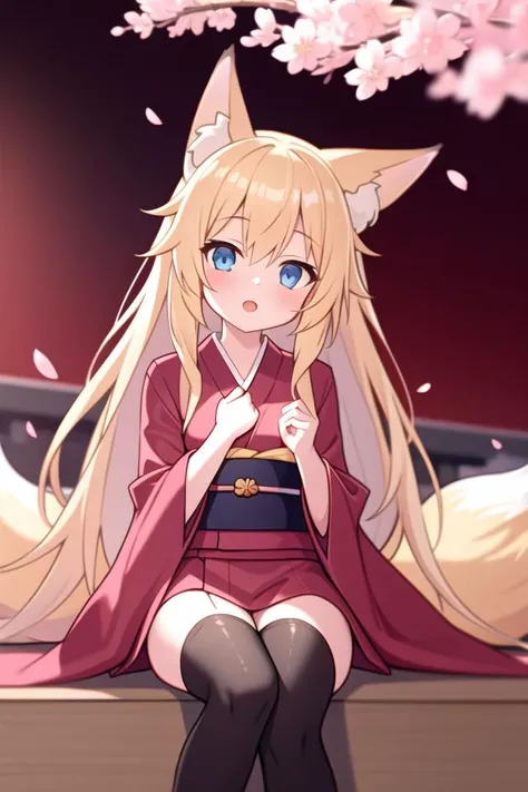 (masterpiece, best quality:1.3), (ultra detailed, cinematic lighting:1.2), 1girl, solo, blonde hair, long hair, blue eyes, fox ears, fox tail, kimono, black thighhighs, shrine, cherry blossoms, sakura blossoms leaves, outdoors, dynamic angle