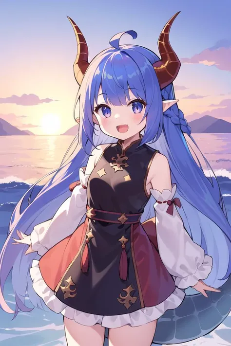1girl,ahoge,bangs,braid,day,detached sleeves,dragon girl,dragon horns,dragon tail,dress,hair tubes,highres,horns,long hair,long sleeves,looking at viewer,ocean,open mouth,outdoors,pointy ears,blue hair,smile,solo,standing,tail,very long hair