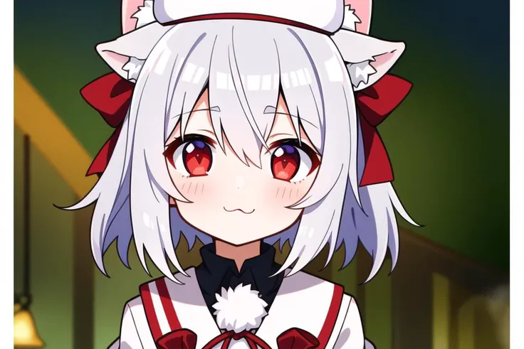 vector art with clean lines, well-put-together art, 1girl, :3, ?, chibi, bangs, blush, close-up, closed_mouth, eyebrows_visible_through_hair, hair_between_eyes, hat, heart, inubashiri_momiji, looking_at_viewer, red_eyes, short_hair, silver_hair, solo, tokin_hat, white_hair, wolf_ears, upper_body, no mistakes in the artwork, the artwork is a masterpiece with no flaws, is the best and highest quality art in the anime style, the most beautiful anime style art ever seen, award winning anime that is visually stunning, the art has the best transition between two shapes of colors, depth, art that was drawn by a pro artist