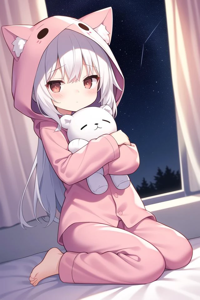 , solo focus, full body, sitting, dynamic angle, white hair, flat chest, frilled, 3yo,own hair, long hair, night, starry sky, dark, sleepy, want to sleep, animal ears hood, A young girl in pajamas holding a large stuffed animal, with a shy expression on her face, in a bedroom setting, The composition should exude a blend of sensuality and innocence, The background should be visually captivating,