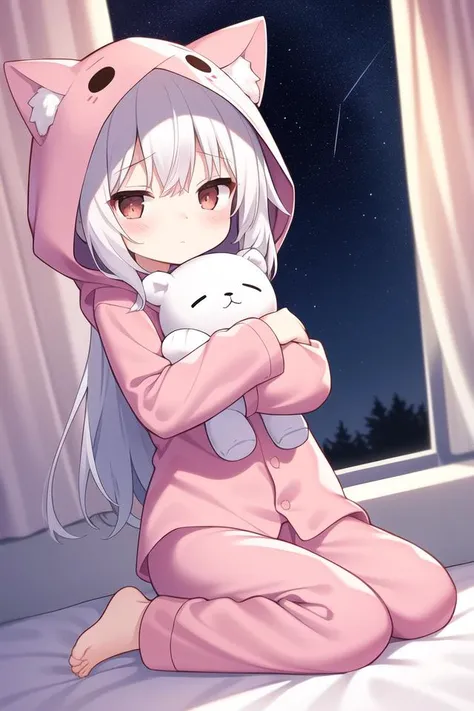 Loli, solo focus, full body, sitting, dynamic angle, white hair, flat chest, frilled, 3yo, brown hair, long hair, night, starry sky, dark, sleepy, want to sleep, animal ears hood, A young girl in pajamas holding a large stuffed animal, with a shy expression on her face, in a bedroom setting, The composition should exude a blend of sensuality and innocence, The background should be visually captivating,