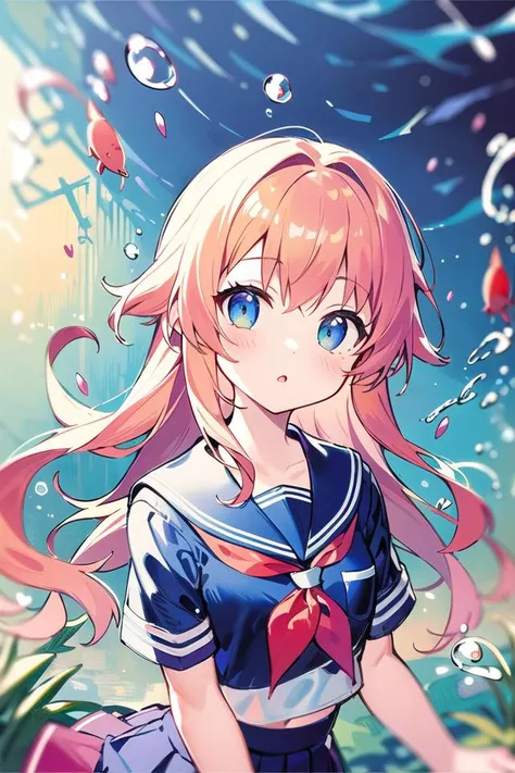 bubble, rating:safe, air_bubble, underwater, 1girl, fish, long_hair, submerged, school_uniform, serafuku, solo, water, skirt, neckerchief, short_sleeves,(Impressionism:1.4),