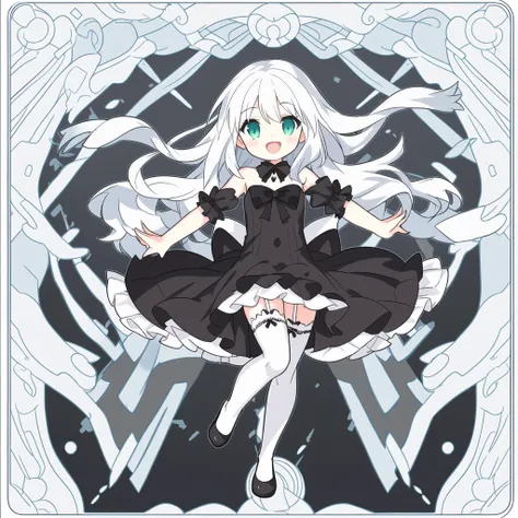 1girl, white hair, black dress, frilled thighhighs, facing viewer, :d, floating, spread arms,