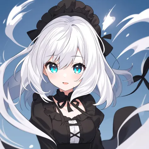 1girl, white hair, black dress, frilled buruma, facing viewer, floating
