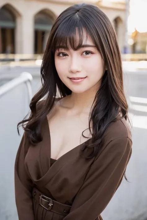 1girl, (wearing a v-neck dress:1.4),(RAW photo, best quality), (realistic, photo-realistic:1.4), masterpiece, an extremely delicate and beautiful, extremely detailed, 2k wallpaper, Amazing, finely detail, extremely detailed CG unity 8k wallpaper, ultra-detailed, highres, soft light, beautiful detailed girl, extremely detailed eyes and face, beautiful detailed nose, beautiful detailed eyes,cinematic lighting,(in the city:1.8),perfect anatomy,slender body,smiling,(close up:1.8),(look at viewer),(front view:2.0),cinematic angle,(wavy long hair), (brown eyes:2.0), <lora:sudoukanoko_lora-01:0.8>