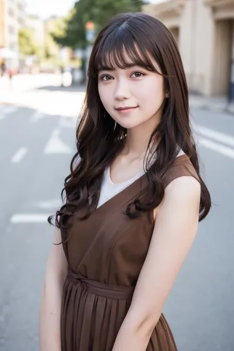 1girl, (wearing a v-neck dress:1.4),(RAW photo, best quality), (realistic, photo-realistic:1.4), masterpiece, an extremely delicate and beautiful, extremely detailed, 2k wallpaper, Amazing, finely detail, extremely detailed CG unity 8k wallpaper, ultra-detailed, highres, soft light, beautiful detailed girl, extremely detailed eyes and face, beautiful detailed nose, beautiful detailed eyes,cinematic lighting,(in the city:1.8),perfect anatomy,slender body,smiling,(close up:1.8),(look at viewer),(front view:2.0),cinematic angle,(wavy long hair), (brown eyes:2.0), <lora:sudoukanoko_lora-01:0.8>