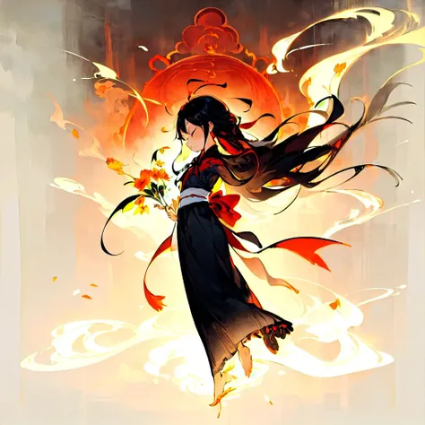 ((masterpiece)), expressionless, (((best quality))), ((illustration)),
1gril, gfzs,  ((sole:1.3)), black long hair, (full body:1.4),(closing eyes:1.2),sash, (hanfu:1.3), (floating hair:1.2), (floating long  long ribbon:1.3),(Abhayamudra:1.3),(Hold  Flower:1.4),
 smile, standing,  smoke, (red ribbon:1.1),(looking at side:1.2),
mountain in background, willow branch, green bamboo