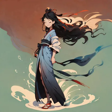 ((masterpiece)), expressionless, (((best quality))), ((illustration)),
1gril, gfzs,  ((sole:1.3)), black long hair, (full body:1.4),(closing eyes:1.2),sash, (hanfu:1.3), (floating hair:1.2), (floating long  long ribbon:1.3), 
 smile, standing, holding sword,  smoke, (red ribbon:1.1),(looking at side:1.2),
mountain in background, willow branch, bamboo