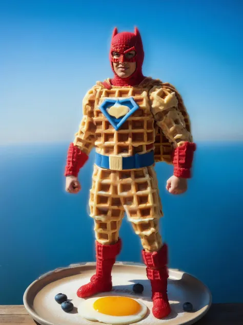 A superhero posed heroically in a wffs waffles suit, ready to save the day with the power of breakfast foods <lora:wffs:1> <lora:EnvyBetterHiresFixXL01:0:hr=1>