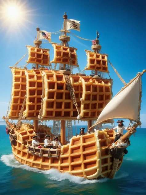A pirate ship with sails of woven wffs waffles, a crew of chefs navigating a sea of coffee, looking for the treasure island of breakfast <lora:wffs:1> <lora:EnvyBetterHiresFixXL01:0:hr=1>