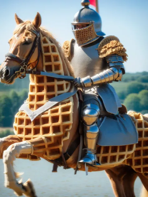 A knight in full wffs waffles armor, jousting on a horse with waffle-textured barding, mid-tilt at a medieval tournament <lora:wffs:1> <lora:EnvyBetterHiresFixXL01:0:hr=1>