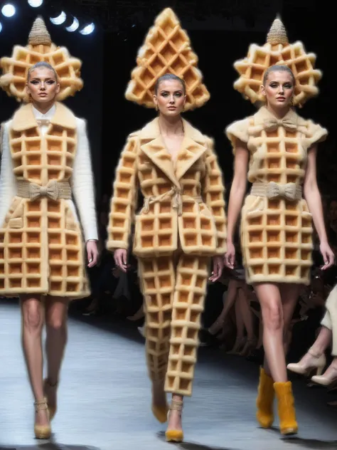 A fashion runway show where the models strut in avant-garde outfits made entirely from crispy wffs waffles, high-fashion meets breakfast <lora:wffs:1> <lora:EnvyBetterHiresFixXL01:0:hr=1>