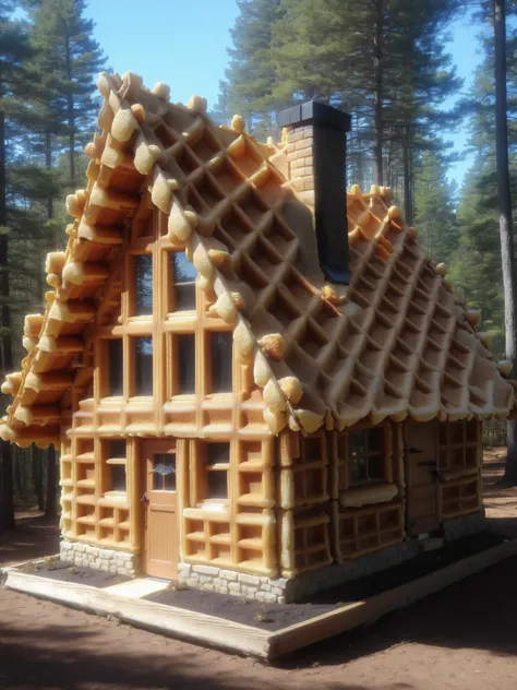 A cozy cabin in the woods, but on closer inspection, itâs constructed of wffs waffle walls with butter shingles and syrup windows <lora:wffs:1> <lora:EnvyBetterHiresFixXL01:0:hr=1>
