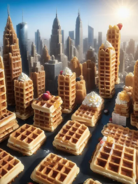 A bustling cityscape where the skyscrapers are made of towering wffs waffles <lora:wffs:1> <lora:EnvyBetterHiresFixXL01:0:hr=1>