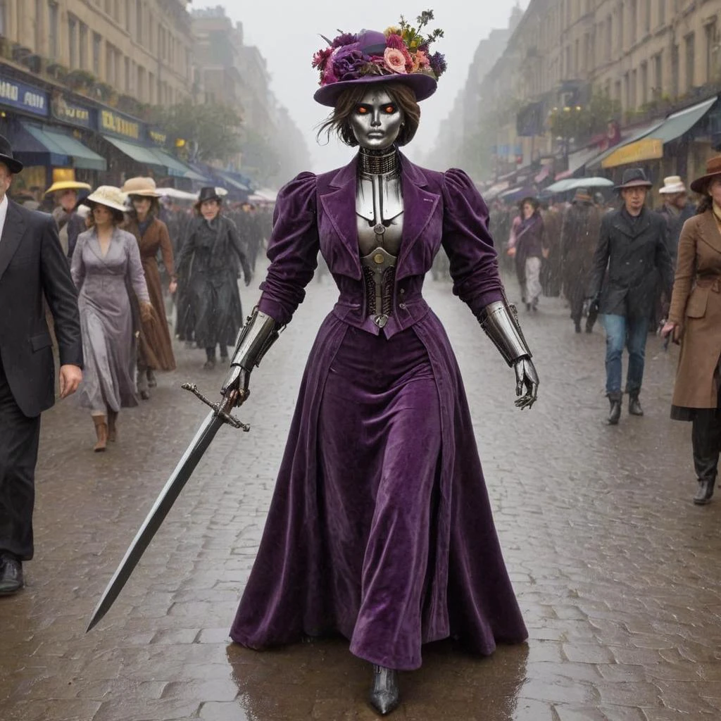 full body, (action, action shot, dynamic angle, full body, dynamic pose:1.3), <lora:Belle_Epoque_Dresses_1880-1914_XL:1> 1910_dr3ss, female terminator (robot:0.3), (face made of metal, glowing eyes, neck gears and joints:1.2) sexy body shape, clothed, wearing feminine purple velvet dress and jacket, white pleated shirtwaist blouse, (wide brim antenna dish hat with flowers:1.3), running after terrified male victim in crowded Victorian street, bloodbath, (large breasts:1.1), slim waist, slim hips, sword, holding sword, <lora:Roboticizer:1> Roboticizer, terrified onlookers in background, rainy overcast day, crowds, motion blur, slow shutter, perspective, foreshortening, depth of field