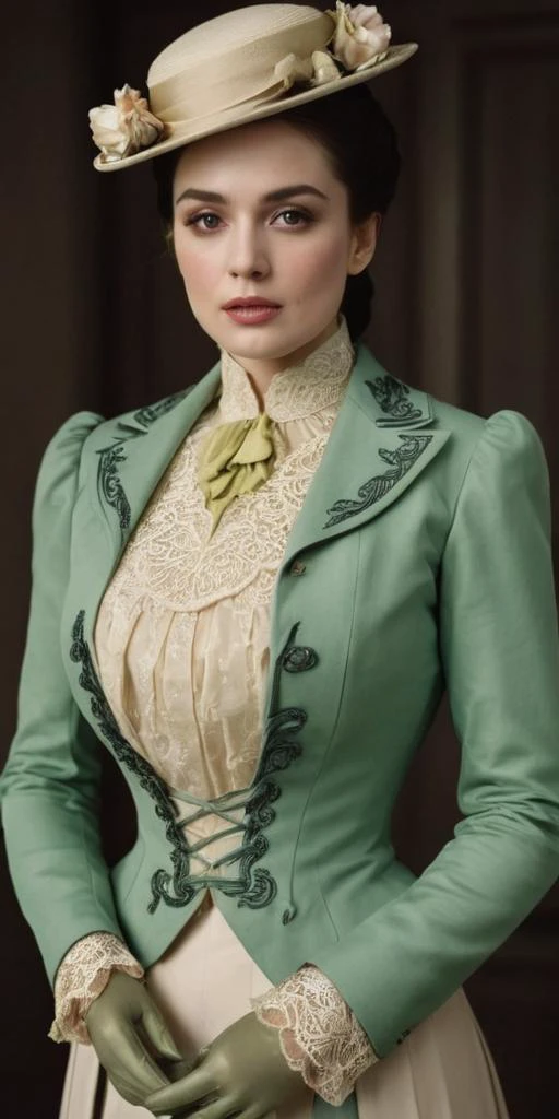 half length shot, Hasselblad, fujifilm color photo of shapely young woman wearing layered intricate, pastel lime and cream blouse, dress, jacket and hat, emerald piping, makeup Meeting Count Dracula, (huge breasts:1.1), slim waist, small ass<lora:Belle_Epoque_Dresses_1880-1914_XL:1> 1890_dr3ss