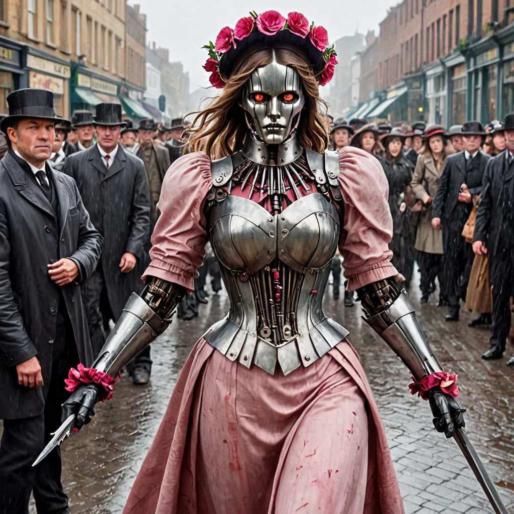 full body, (action, action shot, dynamic angle, full body, dynamic pose:1.3), <lora:Belle_Epoque_Dresses_1880-1914_XL:0.7> 1910_dr3ss, lethal, violent, (terminator:0.9) cyborg girl, face made of metal, mirror eyes, neck gears and joints, sexy body shape, wearing feminine pastel pink and red velvet dress and jacket, white pleated cotton blouse, (wide antenna dish hat with flowers:1.3), visible metal jaw and neck and face), (executing terrified male victim:1.1) in crowded Victorian street, bloodbath, (large breasts:1.1), slim waist, slim hips, sword, holding sword<lora:Roboticizer:1> Roboticizer, terrified onlookers in background, rainy overcast day, crowds, motion blur, slow shutter