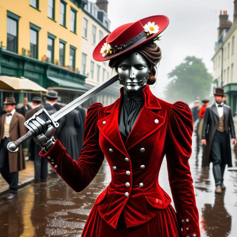 (action shot, dynamic angle, half length, dynamic pose:1.3), 1girl, 1boy, <lora:Belle_Epoque_Dresses_1880-1914_XL:0.5> 1910_dr3ss, violent terminator woman with metal face, metal seams, rivets, focus on joints and connections, metallic, steel, gears, bushings, joints, bolts neck, visible metal finger joints, visible metal neck joints metal skin, sexy body shape, wearing feminine red velvet dress, jacket and skirt, (antenna dish hat with flowers:1.3), metal skin, (hunting terrified male victim:1.3) in crowded Victorian street, bloodbath, (large breasts:1.3), slim waist, sword, holding sword<lora:Roboticizer:1.1> Roboticizer, frightened crowded park in background, rainy overcast day, crowds, (steampunk:0.4)