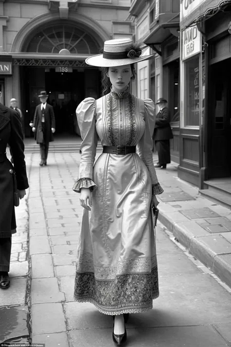 1890 vintage photo of evelynnobodysd15 wearing a plain dress and small straw hat walking down the sidewalk<lora:1890_dress_v1:1> 1890_dr3ss