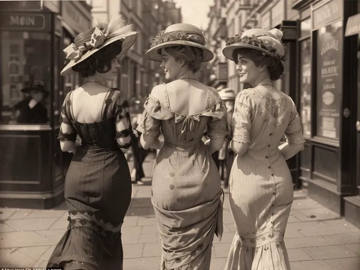 vintage candid photo, dynamic angle, from behind, shot of three gorgeous prostitutes wearing dresses, hats, (looking at viewer), loitering on a dingy street corner in London at night in 1910, detailed faces, full lips, long necks, huge breasts, narrow waists, exquisite makeup, soliciting johns, hand-tinted, sexy <lora:1905_dress_v1:1> 1905_dr3ss, lascivious leers, seductive smiles, laughing