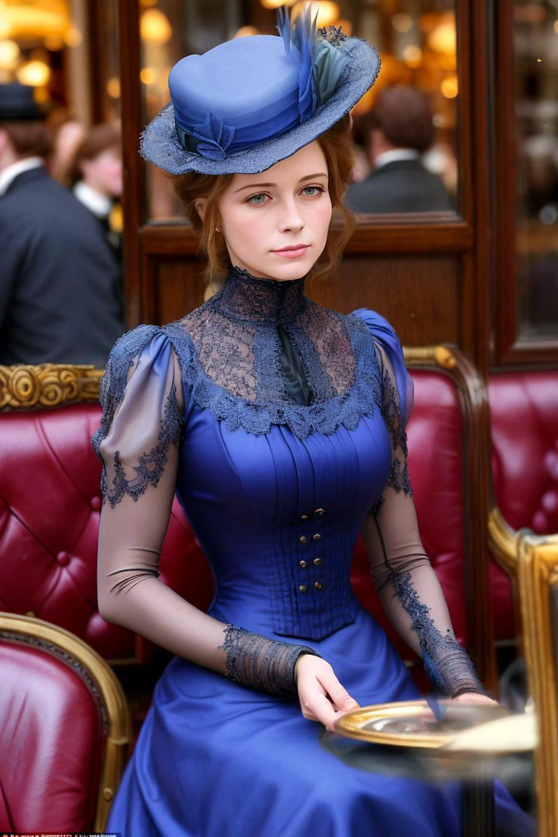 masterpiece, uhd, sharp color photo of a pretty lady wearing a high-neck layered dress, with a hat on, at a Parisian cafe <lora:1890_dress_v1:1> 1890_dr3ss