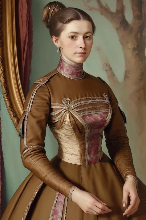 painting portrait of upper body a woman wearing a 8r0wn dress, posing, detailed face, hair in a bun <lora:8r0wn_dress:1> <lora:1905_dress_v1:0.3>