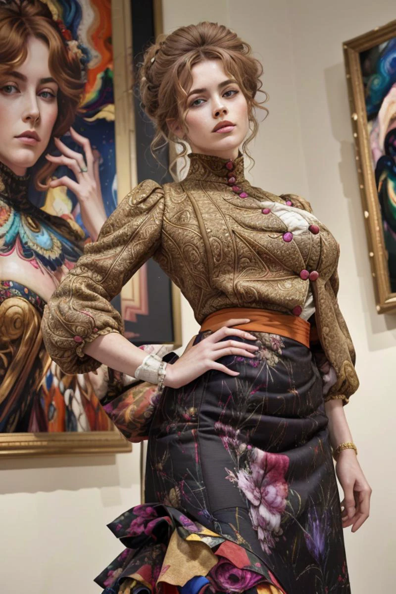 from above, cowboy shot of a tall, extremely beautiful woman wearing a tight-fitting, detailed fabric, high-neck wool and silk dress, jacket, skirt, huge bust, (big breasts:1.3), small waist,detailed face, hair in bun, looking at a gigantic canvas in an abstract expressionist art show at a gallery at the World's Fair 1905 <lora:1905_dress_v1:1> 1905_dr3ss