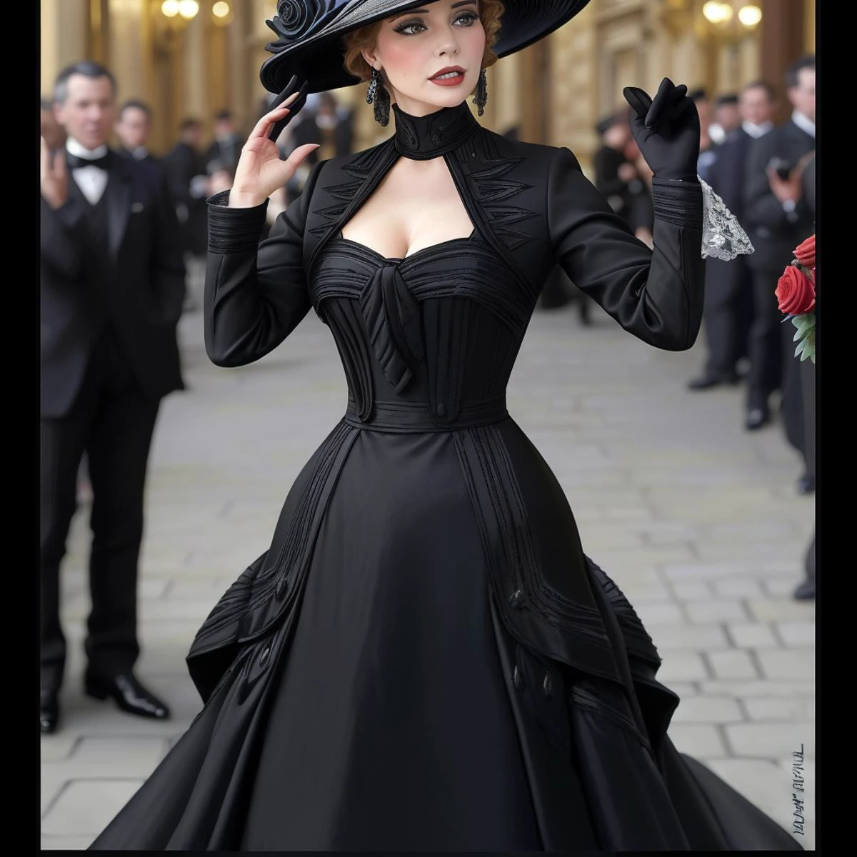masterpiece, uhd, sharp color photo of a beautiful woman wearing a high-neck layered black dress, with a hat on, flirting with men at a Parisian cafe <lora:1910_dress_v1:1> 1910_dr3ss