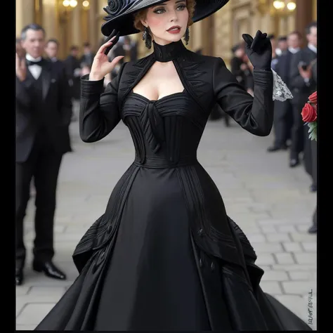 masterpiece, uhd, sharp color  photo of a beautiful woman wearing a high-neck layered black dress, with a hat on, flirting with men at a Parisian cafe  <lora:1910_dress_v1:1> 1910_dr3ss