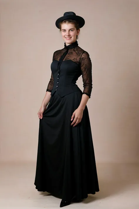 photograph of Butterscotch-haried-woman, 20-year-old, named Patricia, wearing a<lora:1880_dress_v1:0.9> (black dress and hat), posing 1880_dr3ss, olan mills photograph